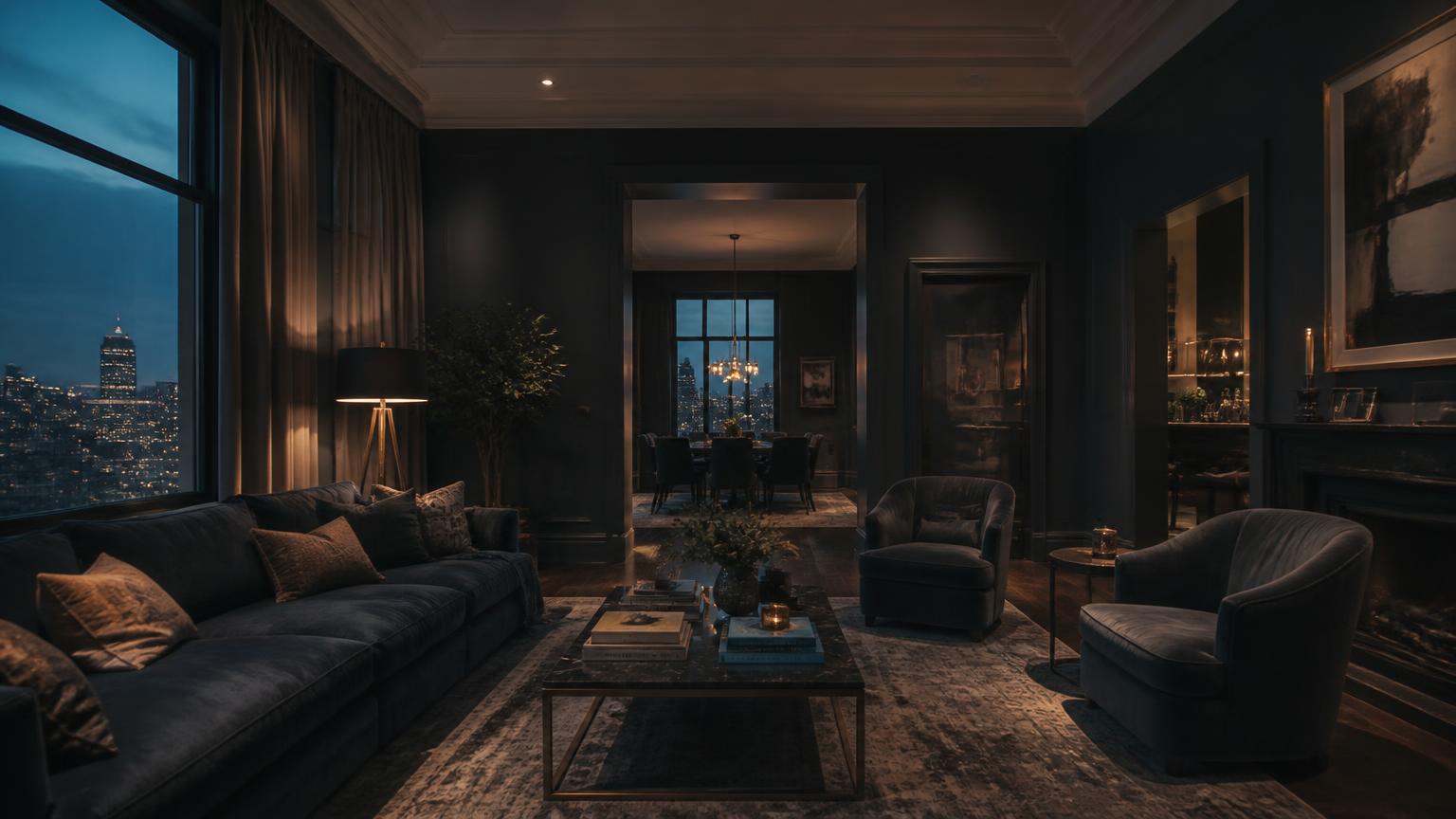 Styled living room in a managed short-let apartment at dusk