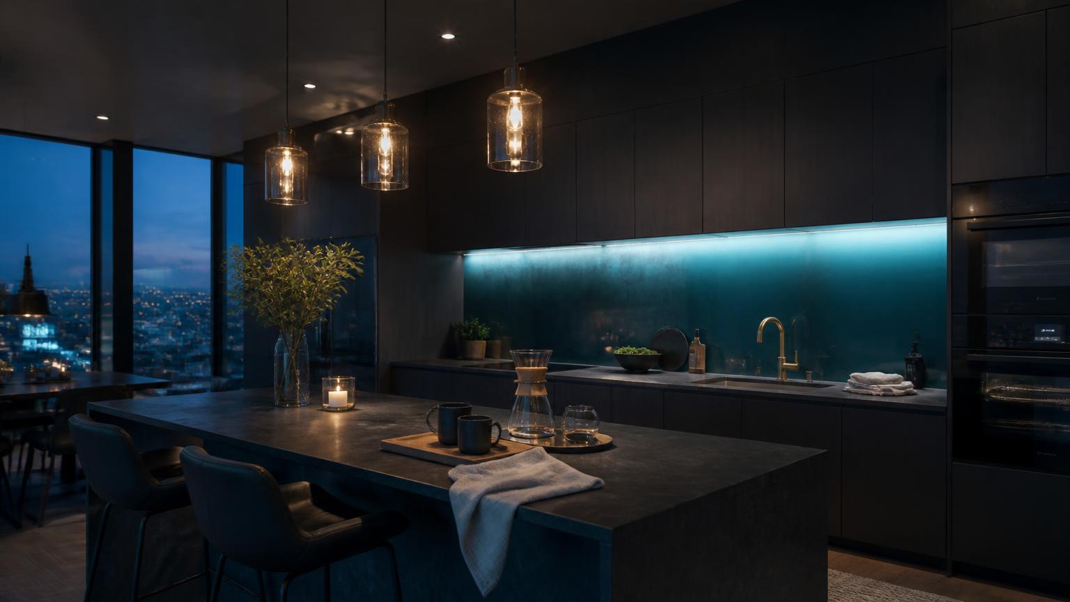 Dark modern kitchen with pendant lighting in a managed apartment