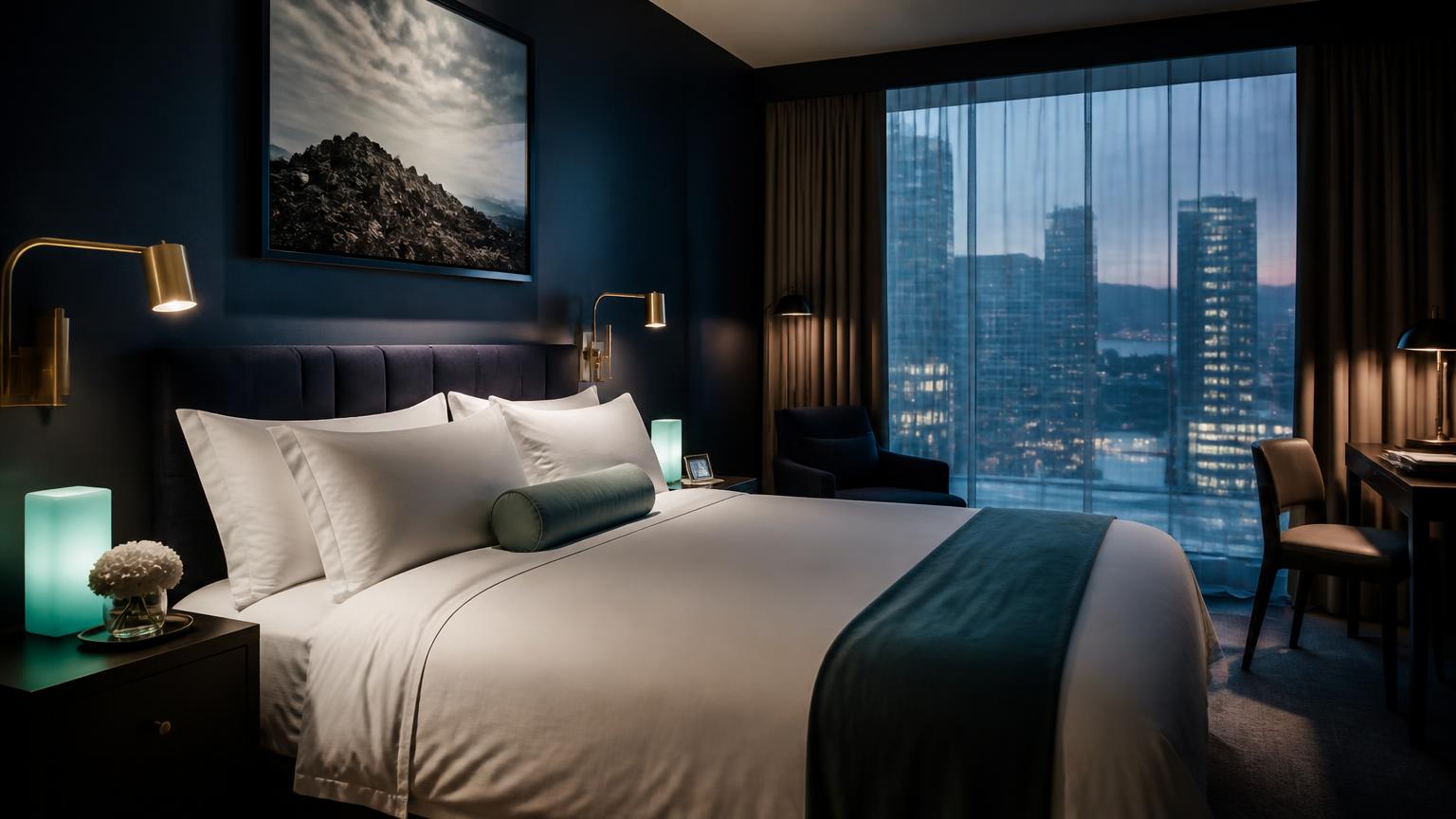 Hotel-standard bedroom with crisp white bedding in a managed apartment