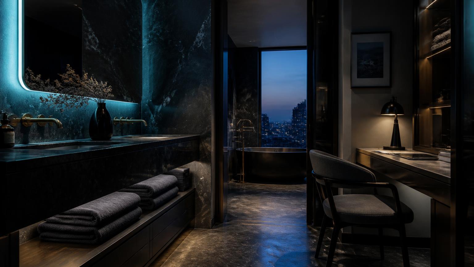 Dark marble bathroom and desk nook in a managed apartment