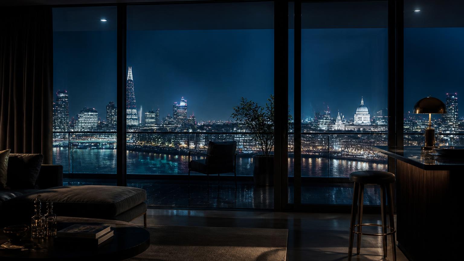 City skyline at night seen from inside a managed apartment